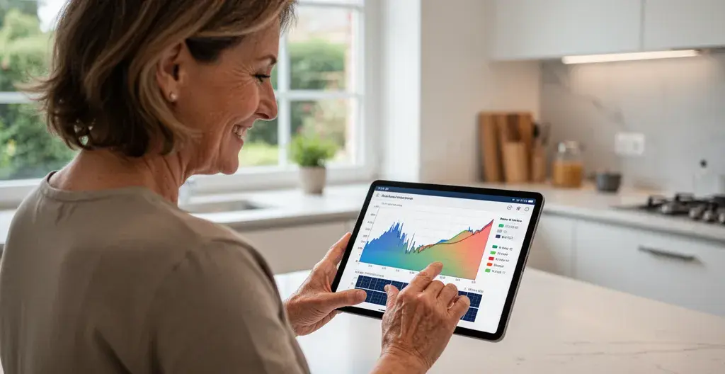 Propriétaire consultant sa production d'énergie solaire sur tablette