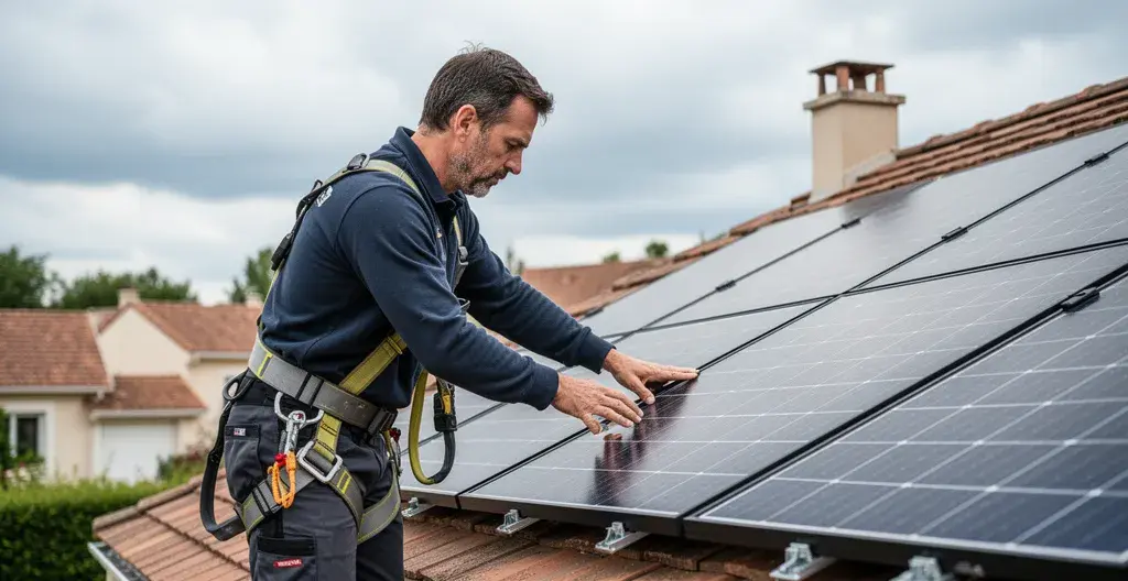Technicien installateur positionnant un panneau solaire sur toiture résidentielle