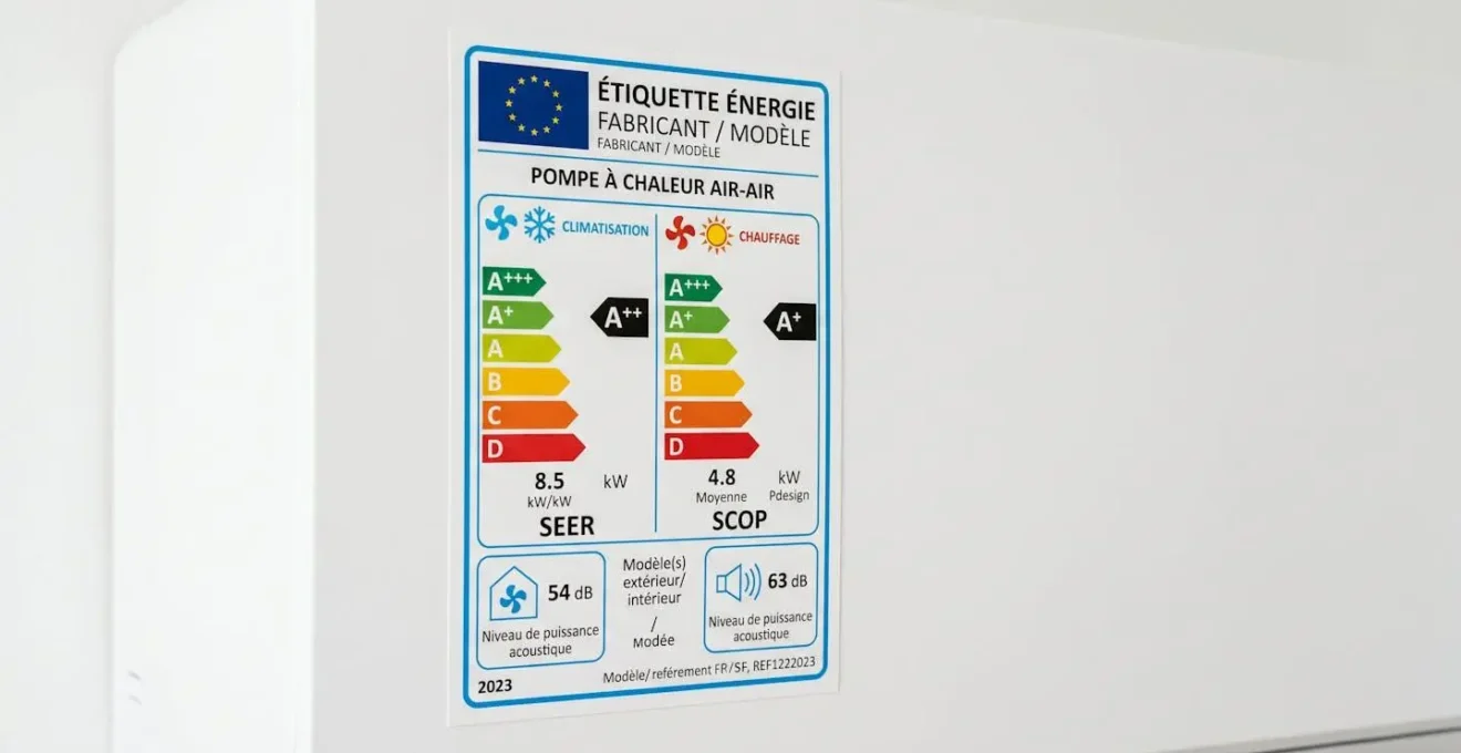 Étiquette énergétique européenne d'un climatiseur réversible affichant les indicateurs SCOP et SEER avec codes couleur réglementaires, tous textes en français