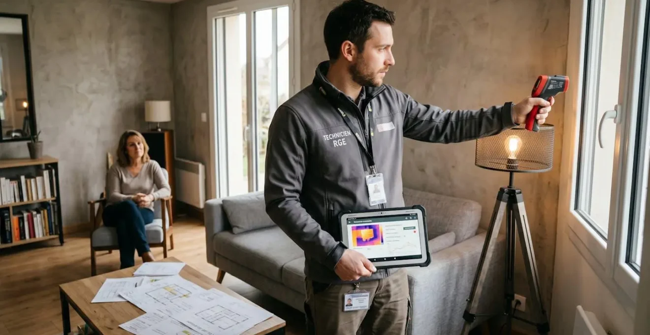 Installateur RGE effectuant un bilan thermique dans un salon contemporain avec thermomètre infrarouge et tablette affichant données en français, propriétaire écoutant en arrière-plan