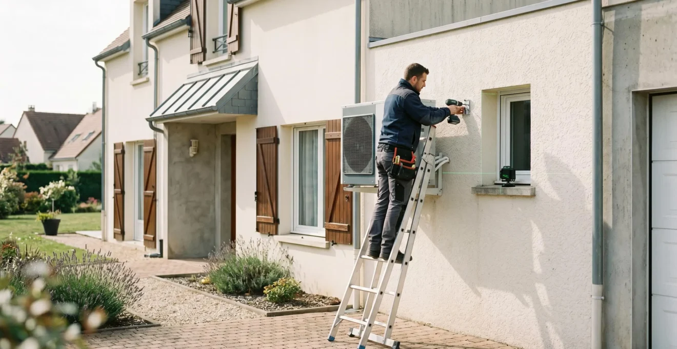 Technicien RGE installant une unité extérieure de climatiseur réversible sur la façade d'une maison contemporaine en France, échelle et outils professionnels visibles, lumière naturelle