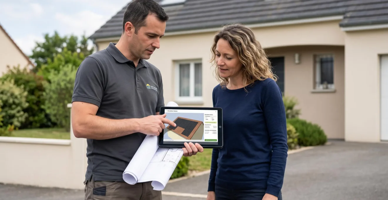 Installateur solaire et propriétaire consultant ensemble une tablette affichant une simulation 3D d'installation photovoltaïque et un plan de toiture papier, devant une maison contemporaine française, échange conseil personnalisé