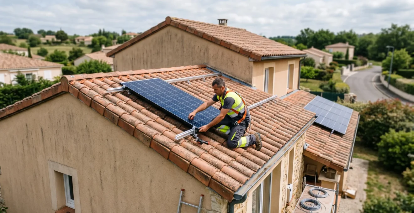 Installateur professionnel sécurisant des panneaux solaires photovoltaïques bleu foncé sur une toiture en tuiles inclinée à environ 30 degrés, orientation plein sud, maison contemporaine française en région Occitanie, lumière naturelle