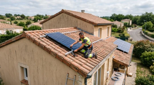Installateur professionnel sécurisant des panneaux solaires photovoltaïques bleu foncé sur une toiture en tuiles inclinée à environ 30 degrés, orientation plein sud, maison contemporaine française en région Occitanie, lumière naturelle