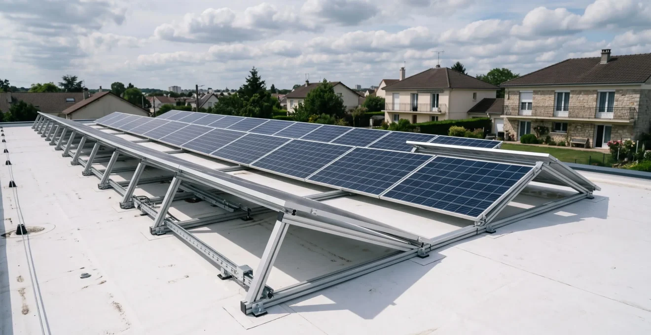 Installation de panneaux solaires photovoltaïques sur supports métalliques inclinés à 30 degrés, toit-terrasse plat d'un immeuble résidentiel contemporain français, orientation plein sud, membrane d'étanchéité blanche
