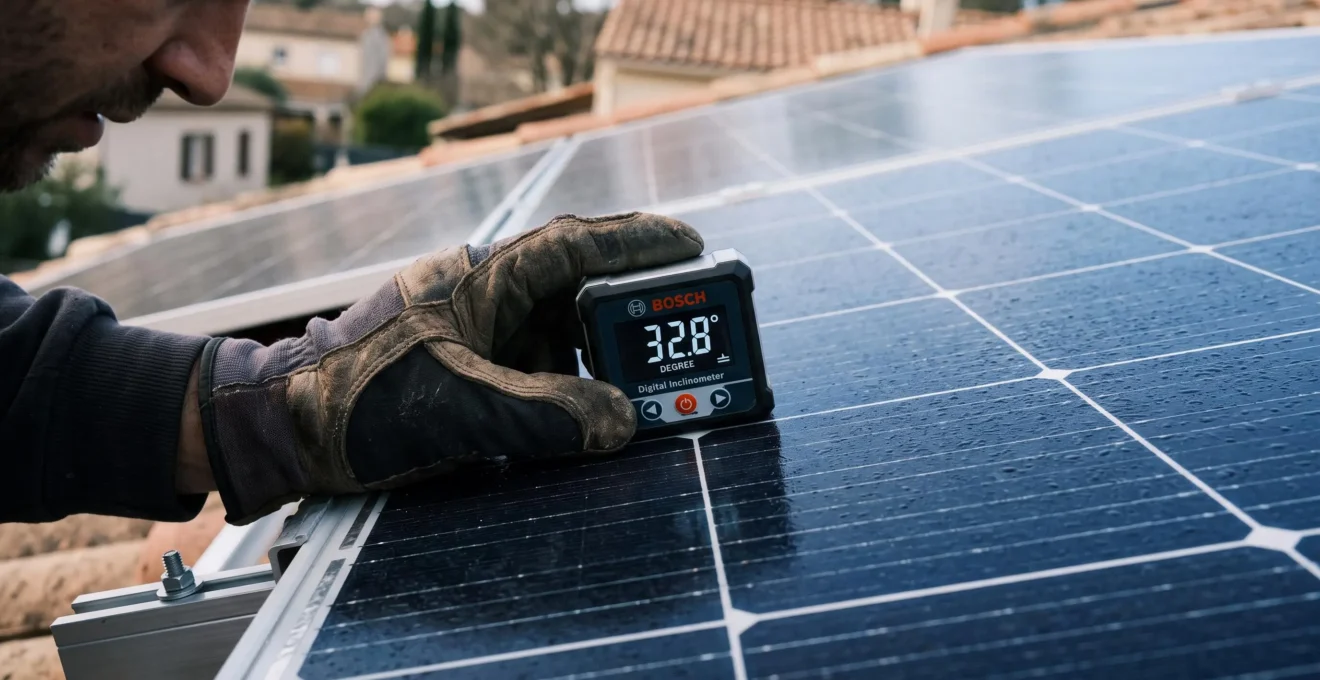 Mains gantées d'un installateur solaire tenant un inclinomètre numérique affichant 32° contre un panneau photovoltaïque bleu, vérification de l'angle d'inclinaison lors d'une installation résidentielle française